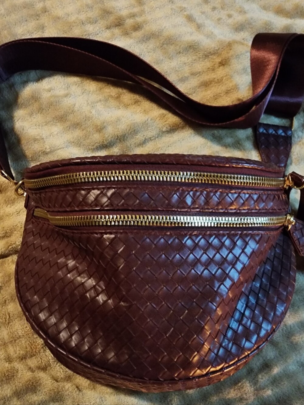 Emmafy Burgundy Woven Bum Bag Belt Bag Crossbody Gold Hardware and accent chain